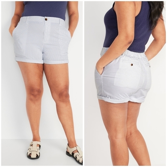 Old Navy High-Waisted OGC Chino Shorts Women's M Blue & White Stripe 4" Inseam - Picture 1 of 8
